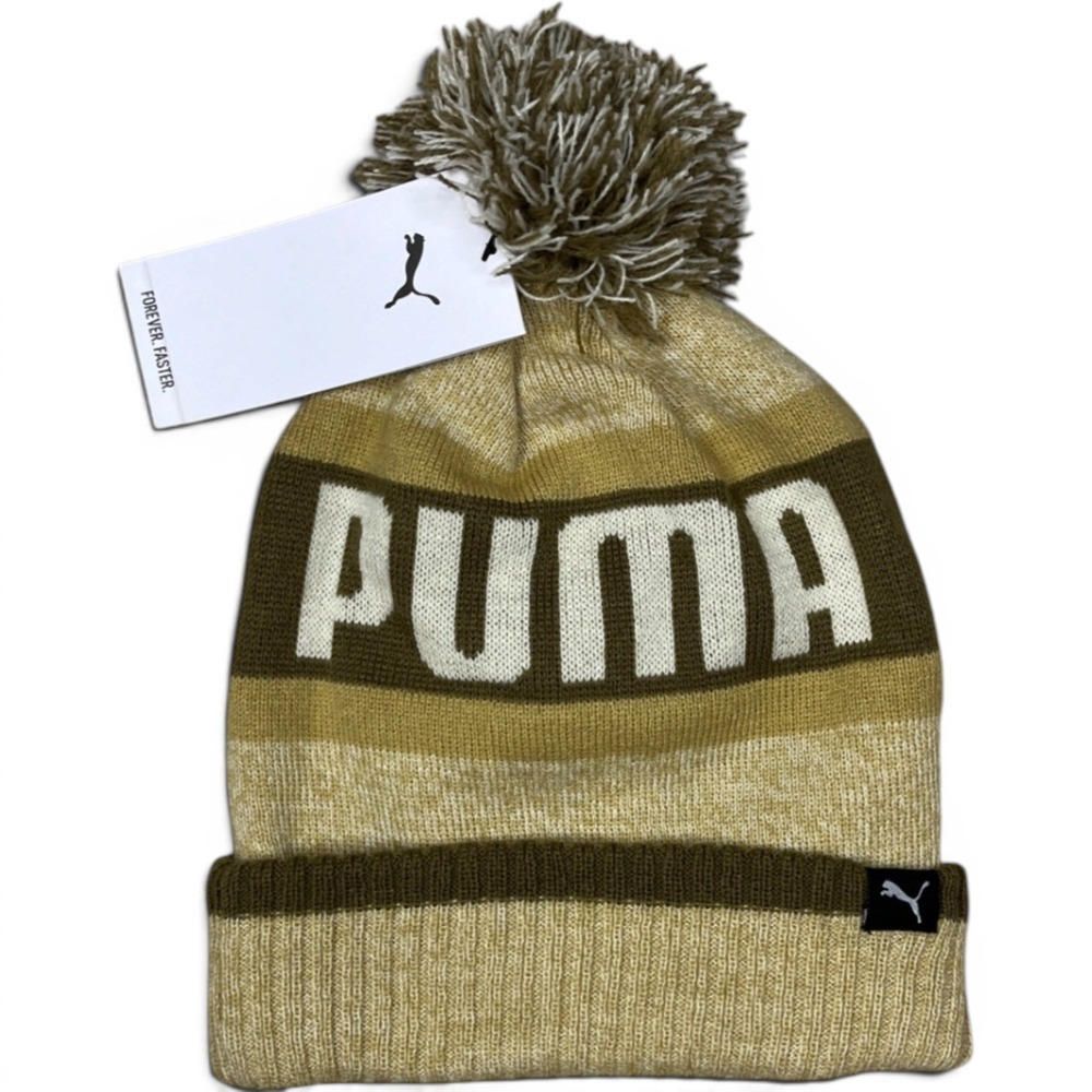 Puma Pom Beanie Hat Tan Brown Striped Knit Cuffed Logo 024538-07-OS NEW